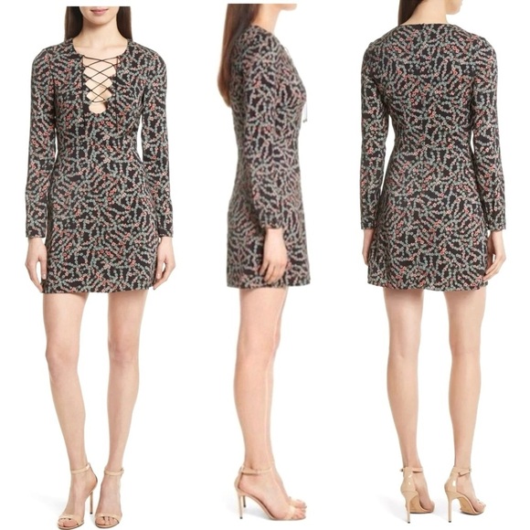 SALONI Dresses & Skirts - Saloni Nurul Floral Print lace-up V neck Long Sleeve Bodycon Mini Dress Size 6